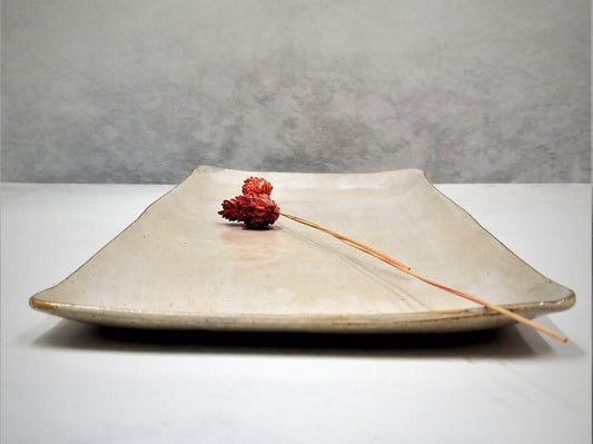 מגש קרמיקה מלבני בצבע בז' עם פס זהב